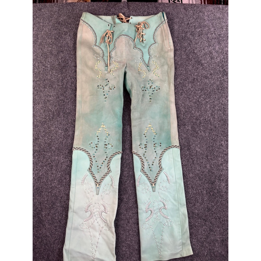 Vintage Western Suede Leather Pants Beaded Lace Up Turquoise OOAK Couture Rare - Picture 14 of 16